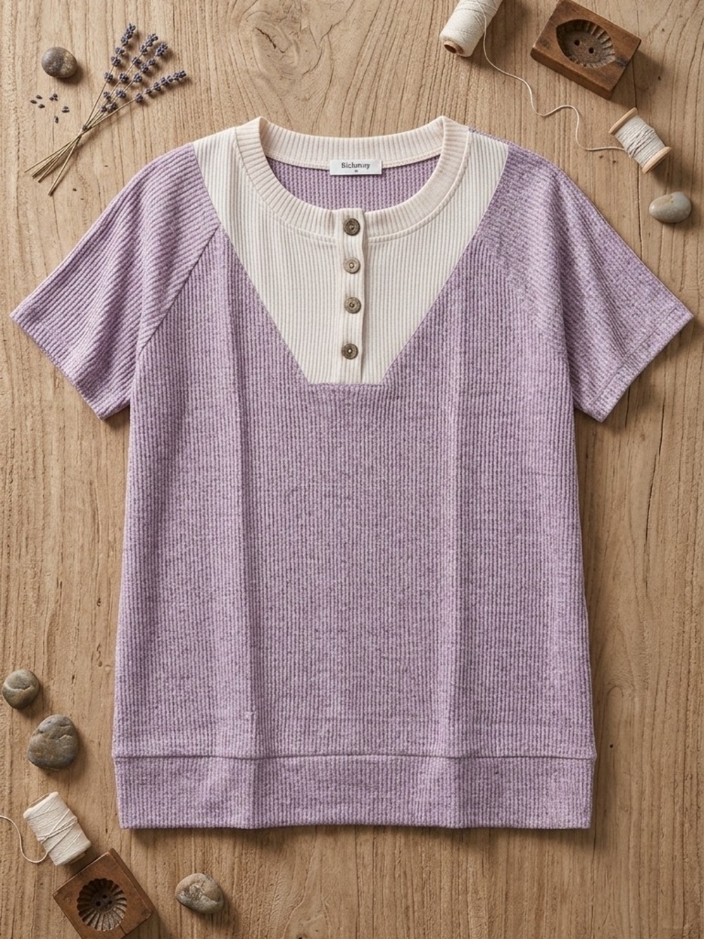 Lavender Ribbed Short Sleeve Top with Cream Buttoned Yoke